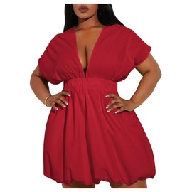 WDIRARA Women's Plus Size Deep V Neck Bubble Dress Short Sleeve A Line Mini Dresses Red 3X-Large Plus