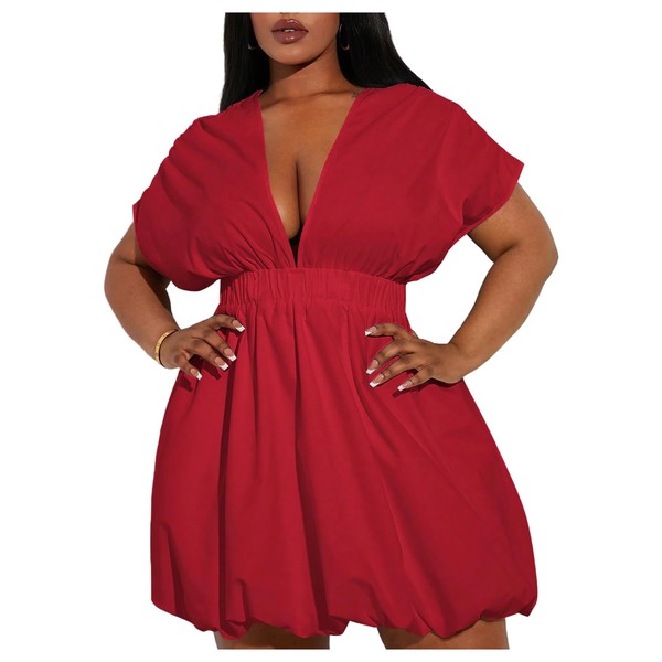 WDIRARA Women's Plus Size Deep V Neck Bubble Dress Short