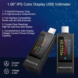 SunnyOcean USB C Tester Meter, Type-C Digital Multimeter, 4-30V 0-12A 0-360W PD Voltmeter Current Meter Power Meter, USB Capacity Voltage Tester, Power Capacity Detector
