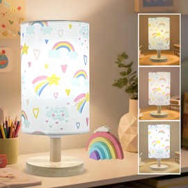 Rainbow Lamp for Girls Bedroom,Gifts for Girls-3 Color Modes Nightstand Night Light Lamp,Wood Base Flaxen Fabric Shade Desk Reading Lamp for Bedroom Living Room Office Christmas Gifts for Girl
