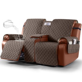 Ruaozz Waterproof Loveseat Recliner Cover with Console Non-Slip Reclining Couch Covers Split Sofa Slipcovers with Elastic Straps Furniture Protector for Kids, Dogs, Pets(Brown, 2 Seater)