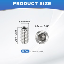 PATIKIL 30 Pcs Hex Socket Grub Screw, M2x3mm Flat Point Grub Bolt 304 Stainless Steel Head Socket Set Screws for Door Handles Light Fixture Repair