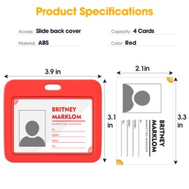 Horizontal Sliding ID Badge Holder with Clear Window Black ID Card Protector Pouch for Office School (Red, 4 Pack)