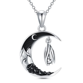 Shusukue Bat/Spider/Wolf/Cat/Fox/Owl/Sun Crescent Moon Chain 925 Sterling Silver, Bat Moon Cat Necklace Black Women's Gothic Pendant Jewellery Gifts for Women Girls, Sterling Silver, Cubic Zirconia