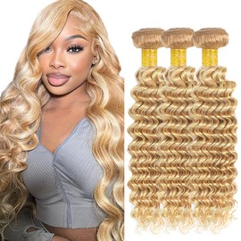 P27/613 Human Hair Bundles Blonde Deep Wave Bundles 613 Wet and Wavy Bundles 14 14 14 inch #27 and #613 Deep Curly Bundles 613 Blonde Human Hair Bundles