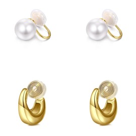 AceFun 2Pcs Chunky Ear Cuffs for Women Teen Dainty 14K Gold Plated Non Piercing Cuff Earring Trendy Pearl Ear Cuff Hypoallergenic Clip on Cartilage Jewelry Fake Earrings