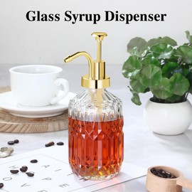 TIWPAJS Glass Coffee Syrup Dispenser 13.5oz, Syrup Bottles with Luxurious Diamond Texture, Gold Syrup Pump, Coffee Bar Accessories, Kitchen Decoration