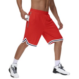 JWM Mens Long Basketball Shorts with One Zip Pockets, Red, X-Large