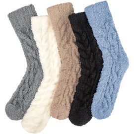 Loritta 5 Pairs Womens Fuzzy Socks Winter Warm Cozy Fluffy Super Soft Slipper Socks,F-Dark Twist Design