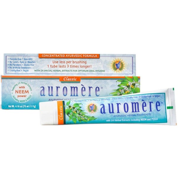 Auromere Ayurvedic Herbal Toothpaste, Classic Licorice Flavour - Vegan, Natural, Non GMO, Fluoride Free, Gluten Free, with Neem & Peelu (4.16 oz), 1 Pack