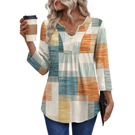 WIHOLL Fall Tops for Women 2025 Business Casual Outfits Long Sleeve Shirts Fall Outfits 2025 Plus Size Spring Clothing 3/4 Length Sleeve Button Down V Neck T Shirts M