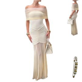 Yazinie Womens One Shoulder Mermaid Mesh Maxi Dress Ruffled Slim Bodycon Elegant Evening Party Dresses for Spring Summer Apricot