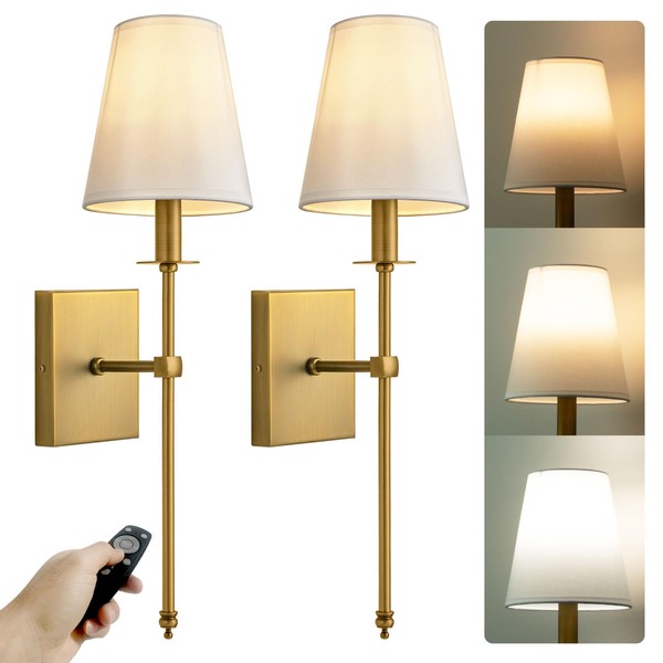PASSICA DECOR Battery Operated Wall Sconces Set of 2 Two, Wiress, Rechargeable Wall Lights with Dimmable Detachable Light Bulb, Remoted Control, Lamp Fixture for Bedroom Living Hallway Gold