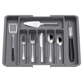 Utensil Organizer - Adjustable Kitchen Drawer Organizer for Forks, Knives (Grey)