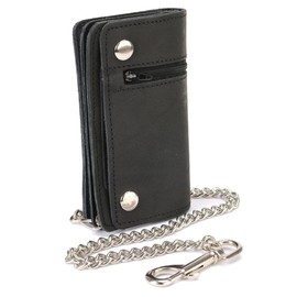 Hot Leathers WLC3108 Men's 6" Black Premium Leather Bi-Fold Biker Wallet w/Zipper Pocket - 6 Inch