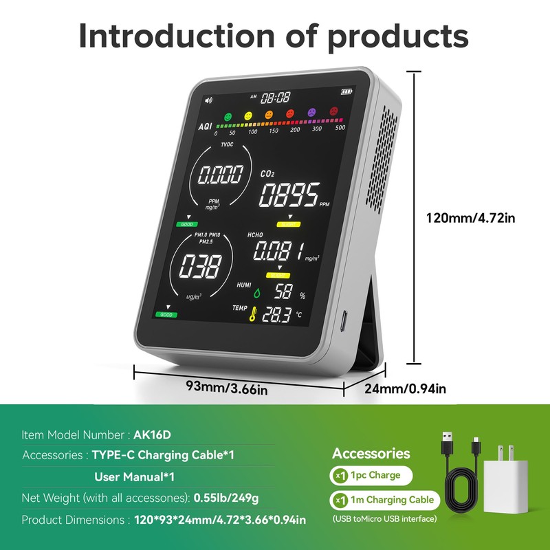 Air Quality Monitor Indoor,16-in-1 Smart Air Quality Tester with PM