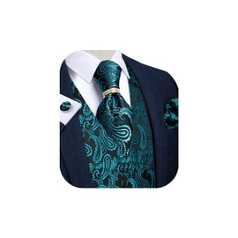 DiBanGu Paisley Formal Waistcoat for Men Teal Green Vest and Tie Pocket Square Cufflinks Tie Ring Set M