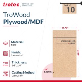 23.5"x11.75"x1/8" Trotec MDF Wood Sheet 10-Pack - Furniture-Grade, Laserable & Engravable, Smooth Finish, High-Density Fiber, Perfect for Detailed Cutting, Model Making & Crafts