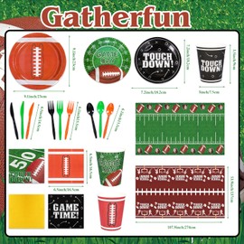 HOWAF 169pcs Football Party Supplies Kit, Football Plates Disposable Dinnerware Touchdown Napkins Plates Tablecloth Cups Knives Forks Spoons for Football Birthday Football Decorations Party Serve 24