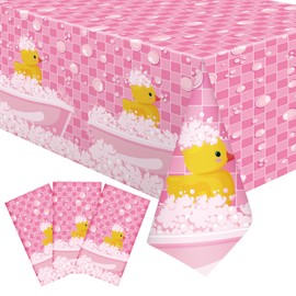 Oudain 3 Pcs Yellow Duck Tablecloth Cute Bubble Rubber Ducky Table Cover Disposable Duck Birthday Decorations Plastic Duck Tablecloth for Baby Shower Birthday Party Supplies, 51 x 86.6 Inch (Pink)