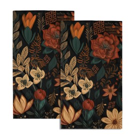 Boho Floral Hand Towels Set of 2 Black Mid Century Fingertip Towel Absorbent Face Towel Soft Dish Towels for Gym Bath Kitchen Home Decor