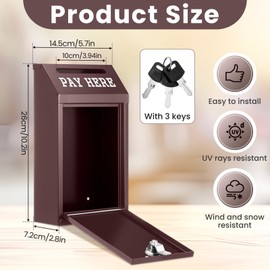 Yaocom Safe Cash Box Money Collection Metal Donation Box with Lock Wall Mount Pre Drilled Mailbox Delivery Ballot for Home Office Outdoor Self Serve Stand(Brown,10.2 x 5.7 x 2.8 Inch)