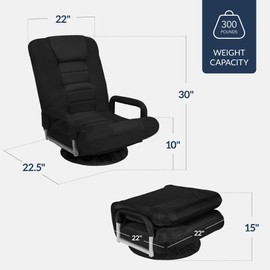 Best Choice Products Swivel Gaming Chair 360 Degree Multipurpose Floor Chair Rocker for TV, Reading, Playing Video Games w/Lumbar Support, Armrest Handles, Adjustable Foldable Backrest - Black/Black