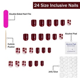 Short Square Press on Nails SWEKKE Fall Fake Nails Maple Red Glitter False Nails with Maple Leaves Designs Fall Glossy Glue on Nails Acrylic Nails for Women Girls 24 Pcs