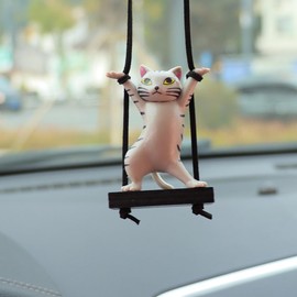 GAOLAOSY Cute Cat Car Hanging Ornament, Swing Funny Car Rear View Mirror Charm, Aesthetic Auto Interior Decoration Pendant Accessories for Women Men (Grey)