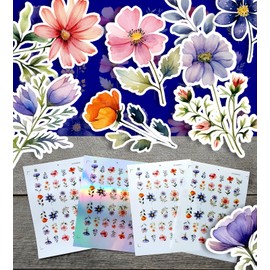 Stickers Pack (Over 150 Stickers) Gorgeous Elegant Painted Flowers Vintage Styled Small Vinyl Stickers White Holographic Transparent