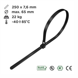 intervisio Cable Ties Resealable, 250 mm x 7.5 mm, Black, Pack of 100, Removable, Reusable