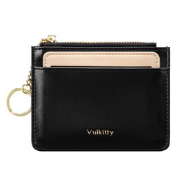 Vulkitty Slim Minimalist Women's Leather Wallet with Card Holder and Removable ID Window, Women's Purse with Zip and Key Fob Wallet with Front Pocket, black, Minimalist