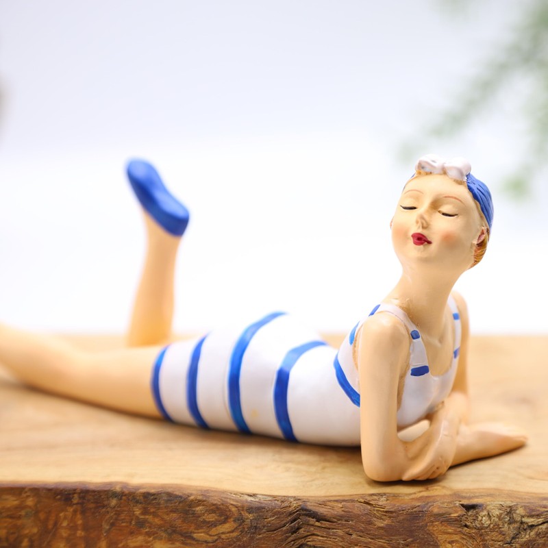 Bathing Lady Ornament Blue & White 15cm Seaside Beach Bathroom