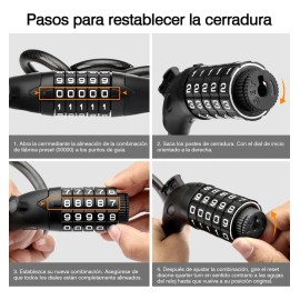 Vanance® Candado De Cable Para Bicicleta Motos 1.2m*12mm Impermeable Reforzado Cadena Para Bici Motocicleta Alta Seguridad Antirrobo Combinación 5 Dígitos Llave Contraseña Color Negro