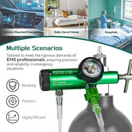 EMS Professional Grade Oxygen Regulator with Wrench, Oxygen Tubing Swivel Nipple and 5 Brass Yoke Washer Seals, 0-25 LPM with Gauge, Dual Outlet (Check Valve & Barb), CGA870, All-Brass Inside