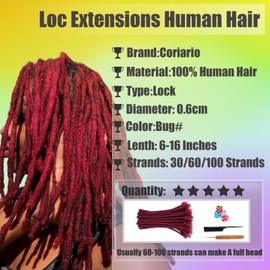 Coriario 14 Inch Burgundy Loc Extensions Human Hair 30 Strands 0.6cm Dreadlock Human Hair Dread Locks Extensions for Men