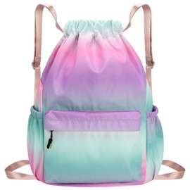 HOLYLUCK Drawstring Backpack Sports Gym Bag Water Resistant String Bag Cinch Sackpack with Side Zipper Pocket for Shopping Sport Yoga - Blue-violet gradient