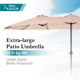 PHI VILLA 15ft Large Patio Umbrella with Base, Double-sided Outdoor Umbrella, Beige