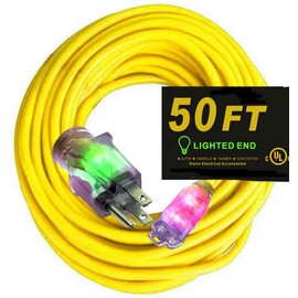 Pizety 50 ft Extension Cord 10/3 – Heavy Duty Outdoor Power Cable, 10 Gauge, 15 Amp, 125V/1875W, Lighted Ends, Weather-Resistant SJTW, UL Listed, 3-Prong Grounded