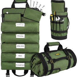 Tool Bag Large Roll Up Organizer 13 Pockets for Men, Heavy Duty Portable Storage Carrier for Mechanics, Electricians & Hobbyists - Color: green