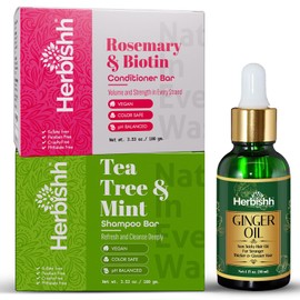 Herbishh Scalp Reset & Growth Support Set – Tea Tree Shampoo Bar + Rosemary Conditioner Bar + Ginger Oil 30ml – For Oily Scalp & Thinning Hair – Sulfate-Free, Vegan, Stimulating Hair Routine