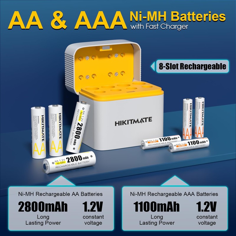 Rechargeable 4AA & 4AAA Batteries Ni-MH with 8-Slot Smart Charger