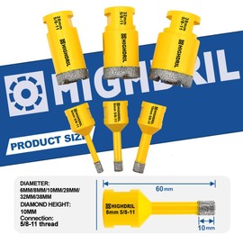 HIGHDRIL Diamond Core Drill Bits Set for Porcelain Tile Granite Marble Stone Brick Vacuum Brazed Hole Saws 6PCS 6/8/10/28/32/38mm