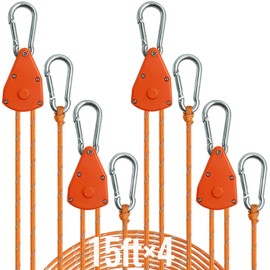 KOKKOYA 15FT Retractable Ratchet Tie Down Straps, Heavy Duty 5/32" Rope Hanger for Grow Lights, Cooler Tie-Downs, and Camping Gear (4-Pack)