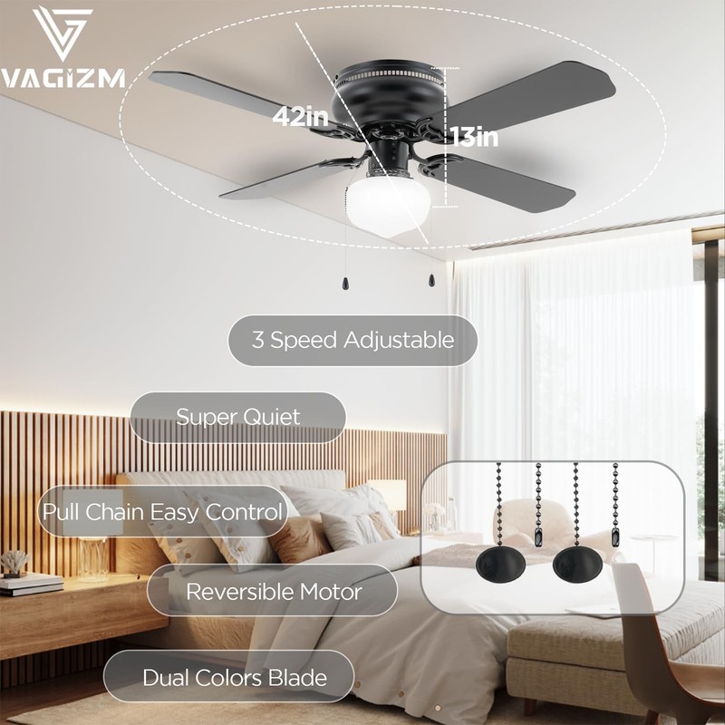 Vagizm 42 Inch Ceiling Fan Traditional: Flush Mount with LED