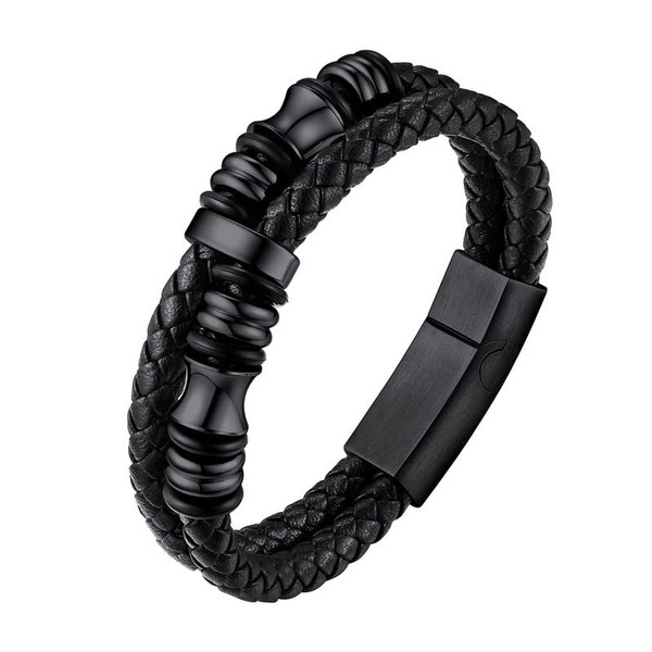 U7 Black Braided Leather Bracelet with Black Metal Clasp, 2-Layer