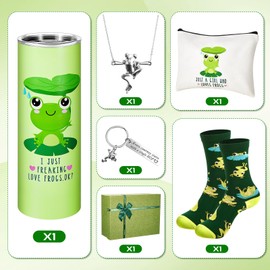 Zhehao 6 Pieces Frog Gifts for Women Set Frog Lovers 20 oz Green Stainless Steel Frog Tumbler Frog Keychain Frog Socks, Frog Bag, Frog Pendant Necklace Gift Box for Birthday Christmas