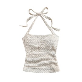 SOLY HUX Women's Halter Top Tie Back Textured Going Out Concert Beach Vacation Crop Tops Summer Sleeveless Camisole Pure Beige M