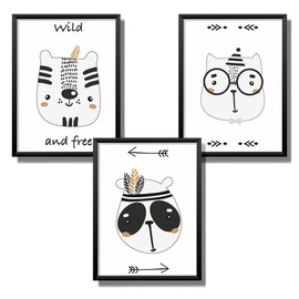Kindsblick® Set of 3 Posters for Children's Rooms – DIN A4 Children's Posters for Boys and Girls – Motif: Native American Animals – Black/White – Beautiful Decoration for Any Children's Room