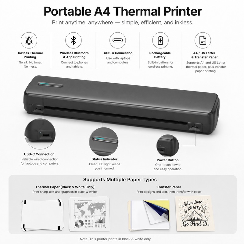 Portable A4 Thermal Printer for Travel & Work – Inkless